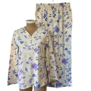Appleseed's Two Piece Pajama Set Floral Lace Trim Size Medium Cotton Pants EUC